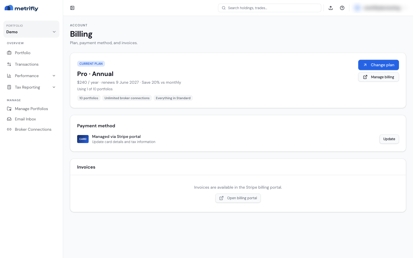 Billing page with the current plan and Manage billing