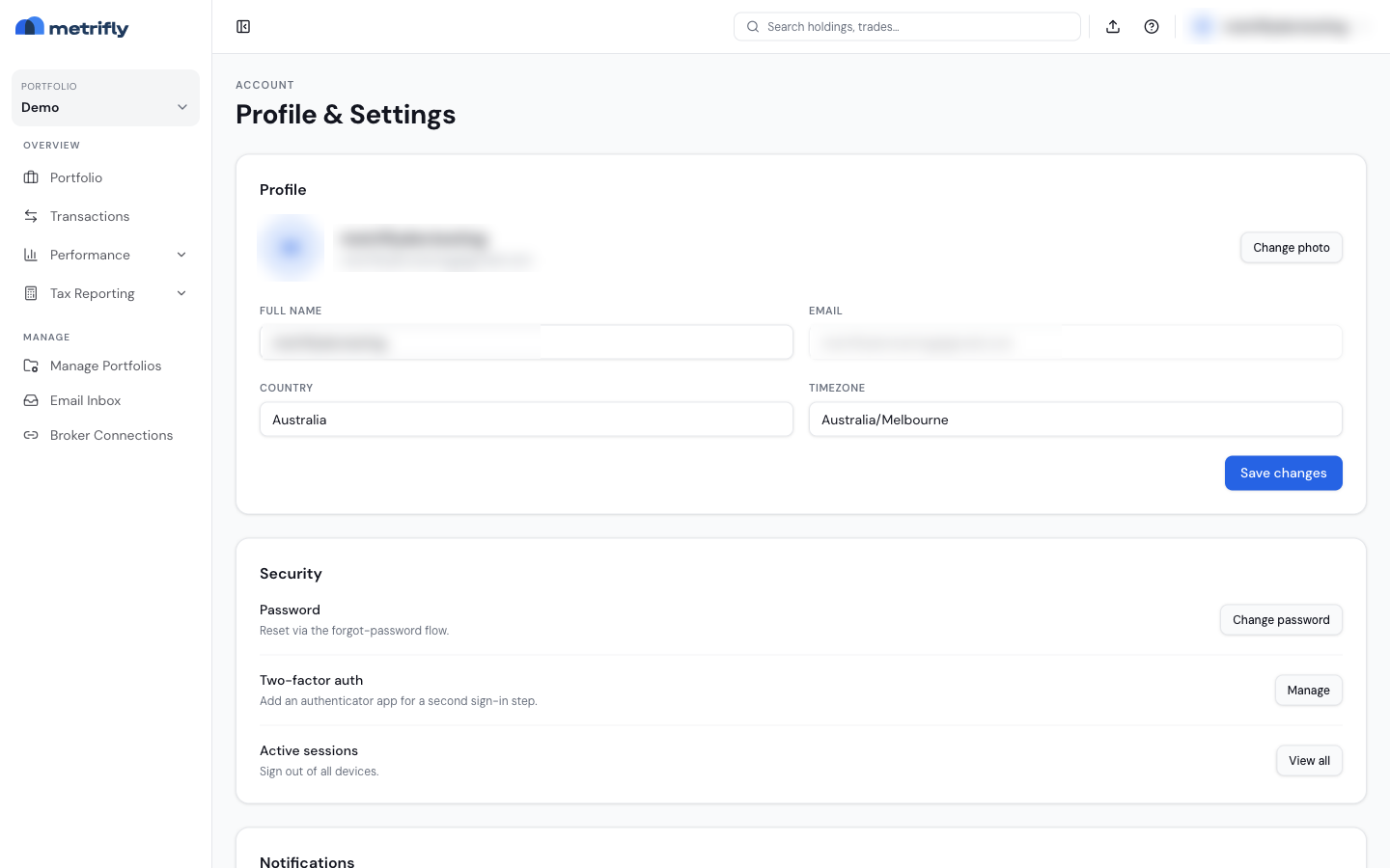 Profile and Settings page