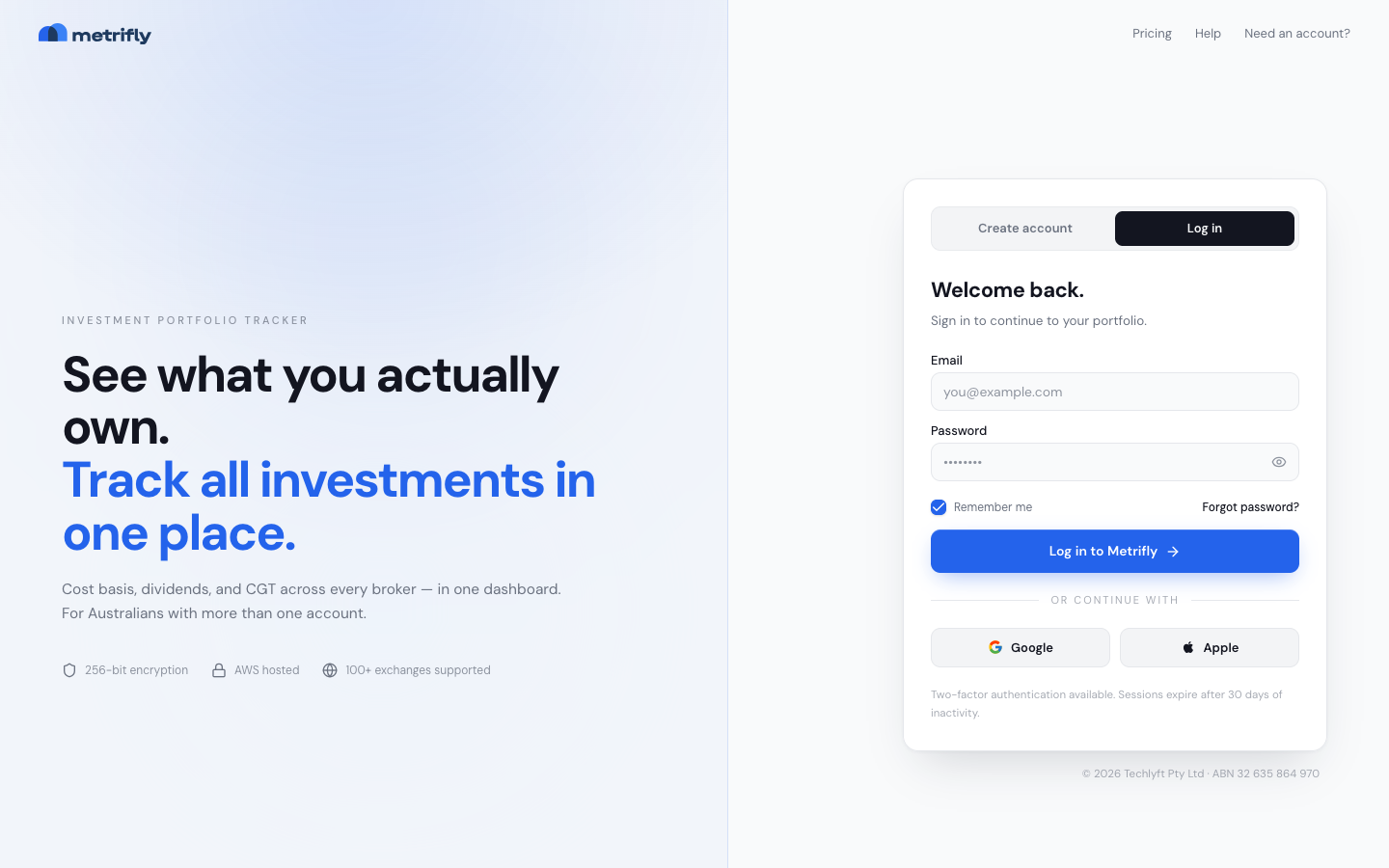 Log in screen with email and password fields