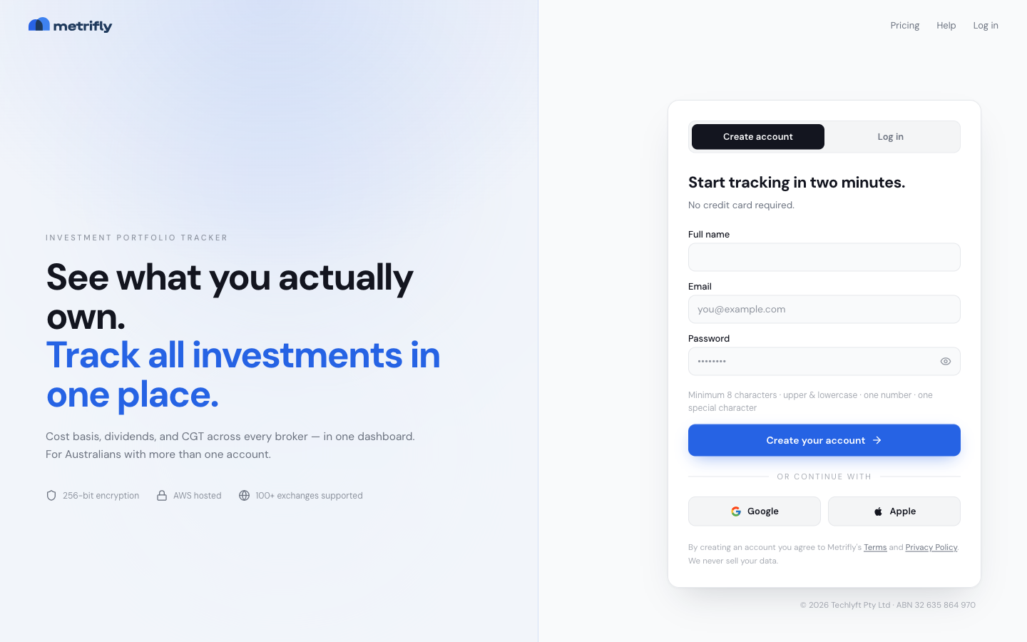 Metrifly sign-up form with Full name, Email, and Password fields