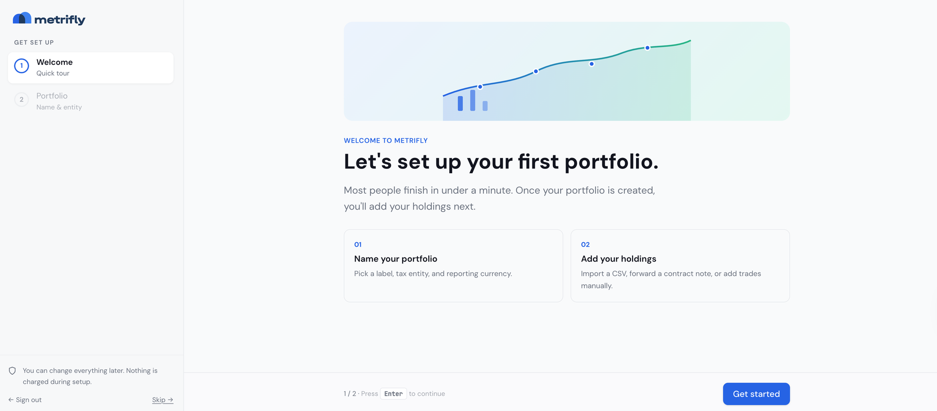 Onboarding wizard on the Portfolio step, showing name, tax entity, and reporting currency