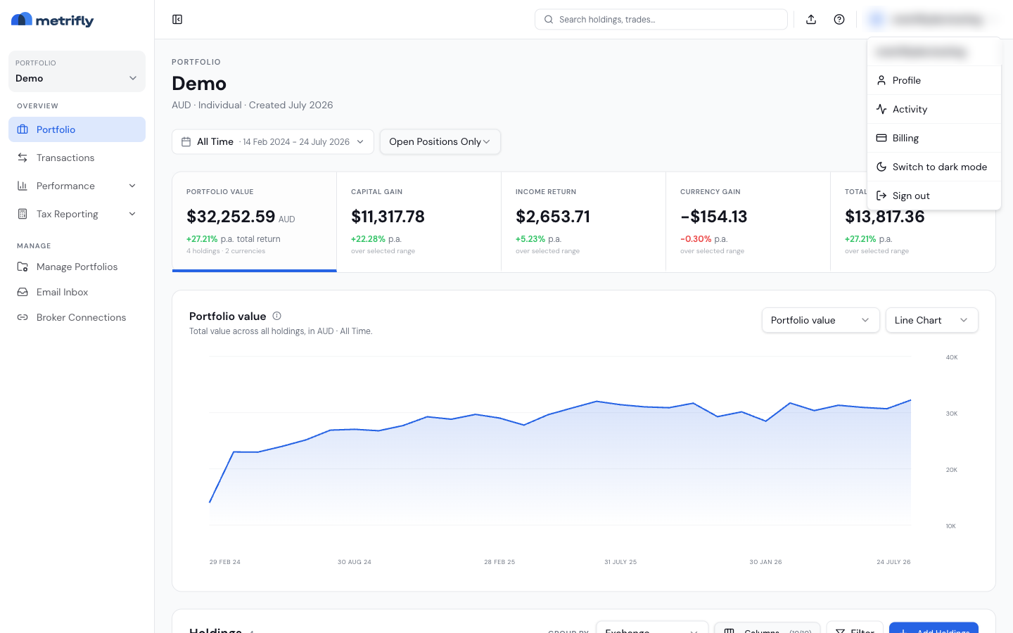 Metrifly sidebar and top bar with the portfolio selector and account menu
