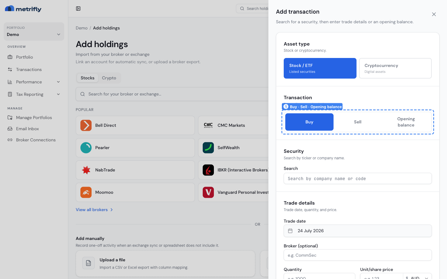 The manual add-transaction form