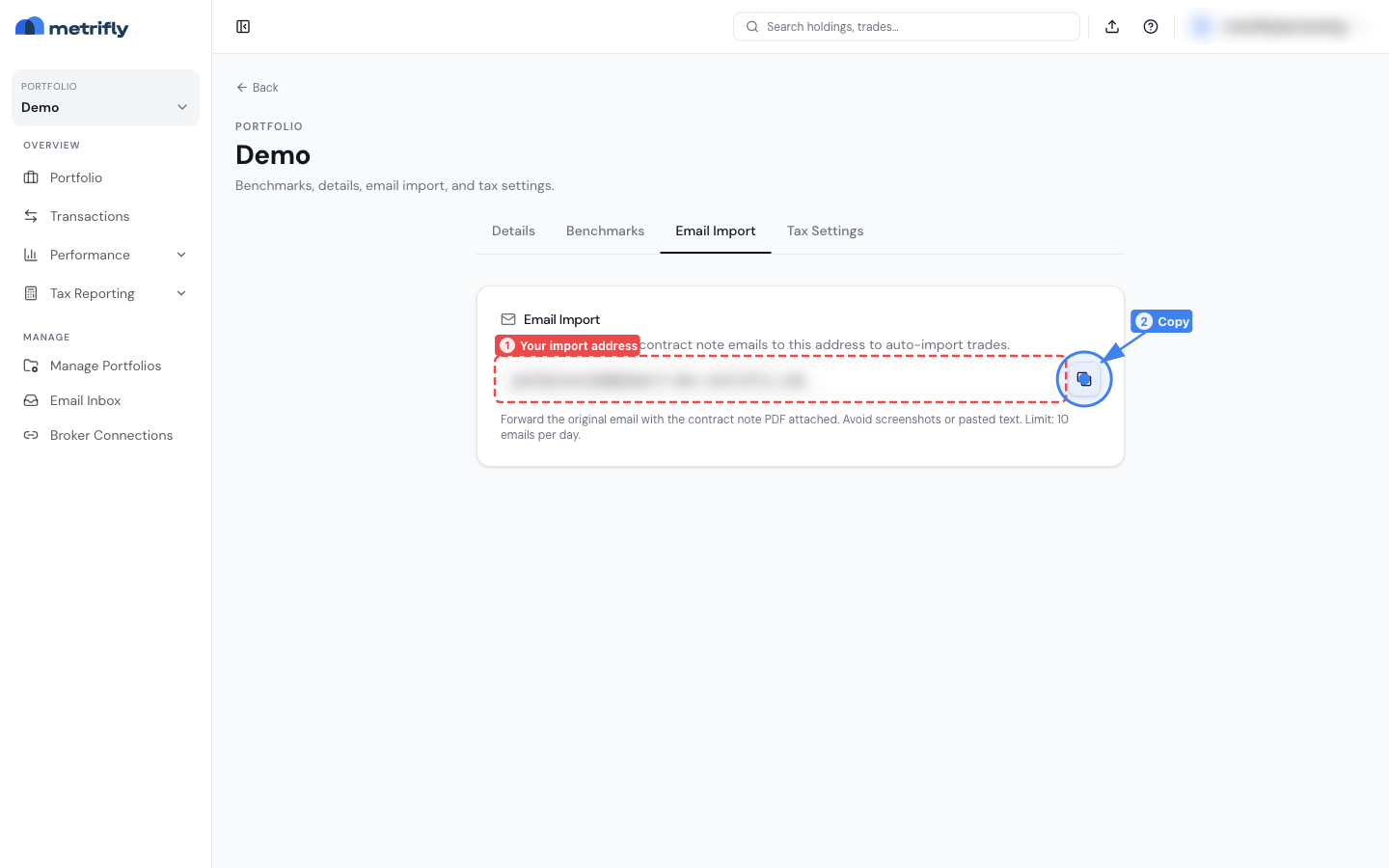 The Email Import tab with the forwarding address and copy button