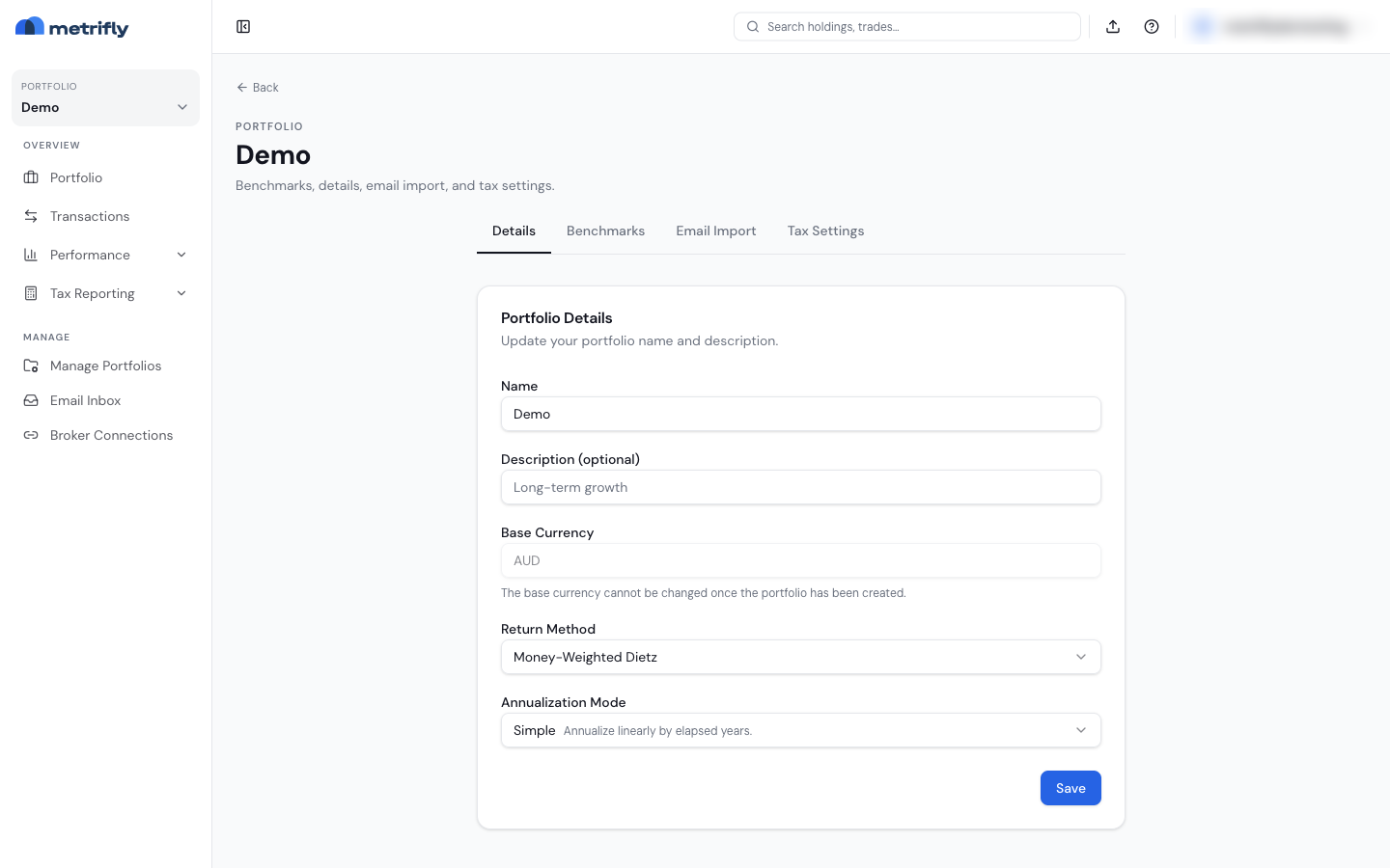 Portfolio Settings on the Details tab