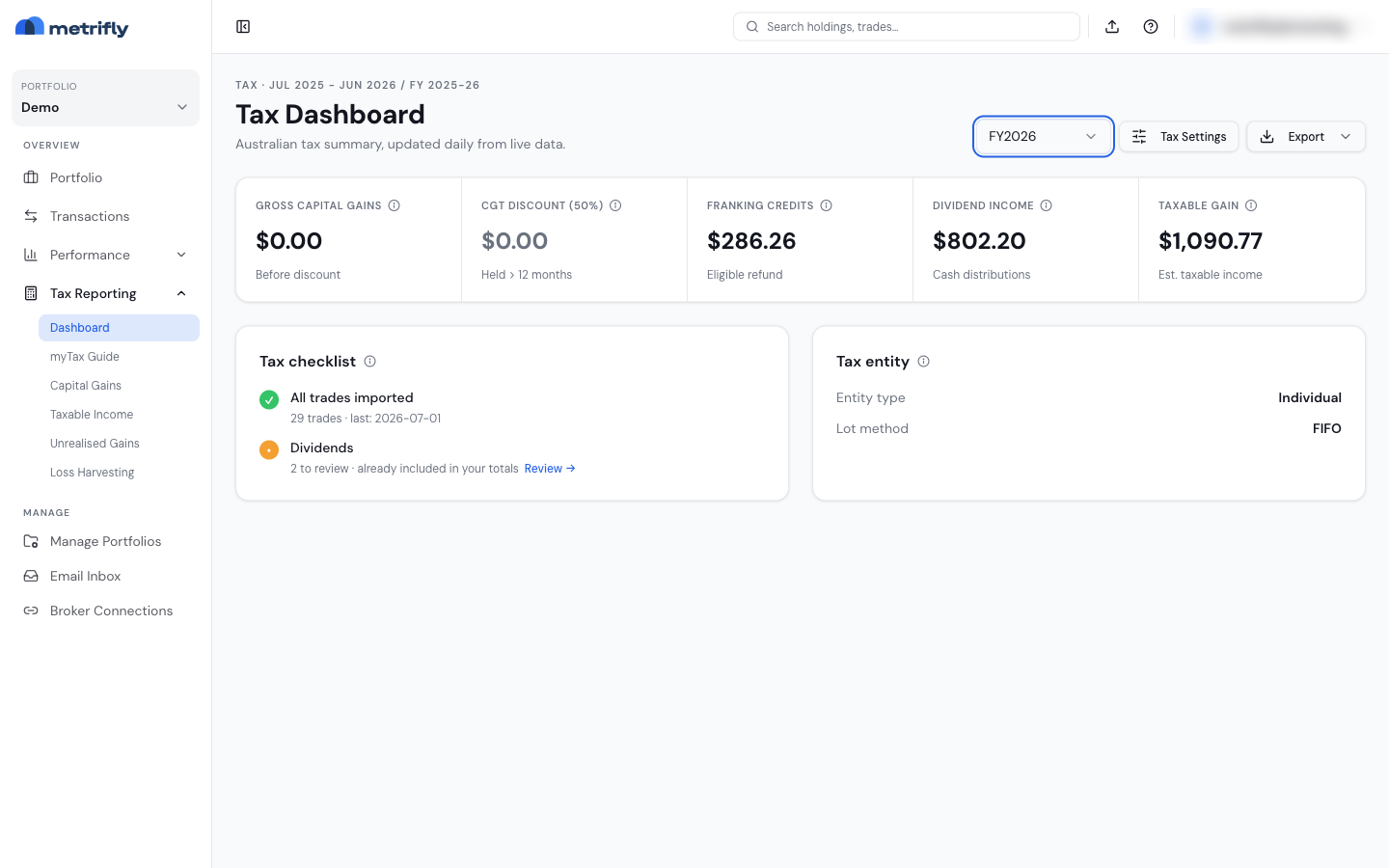 Tax dashboard with the summary figures and pre-lodgement checklist