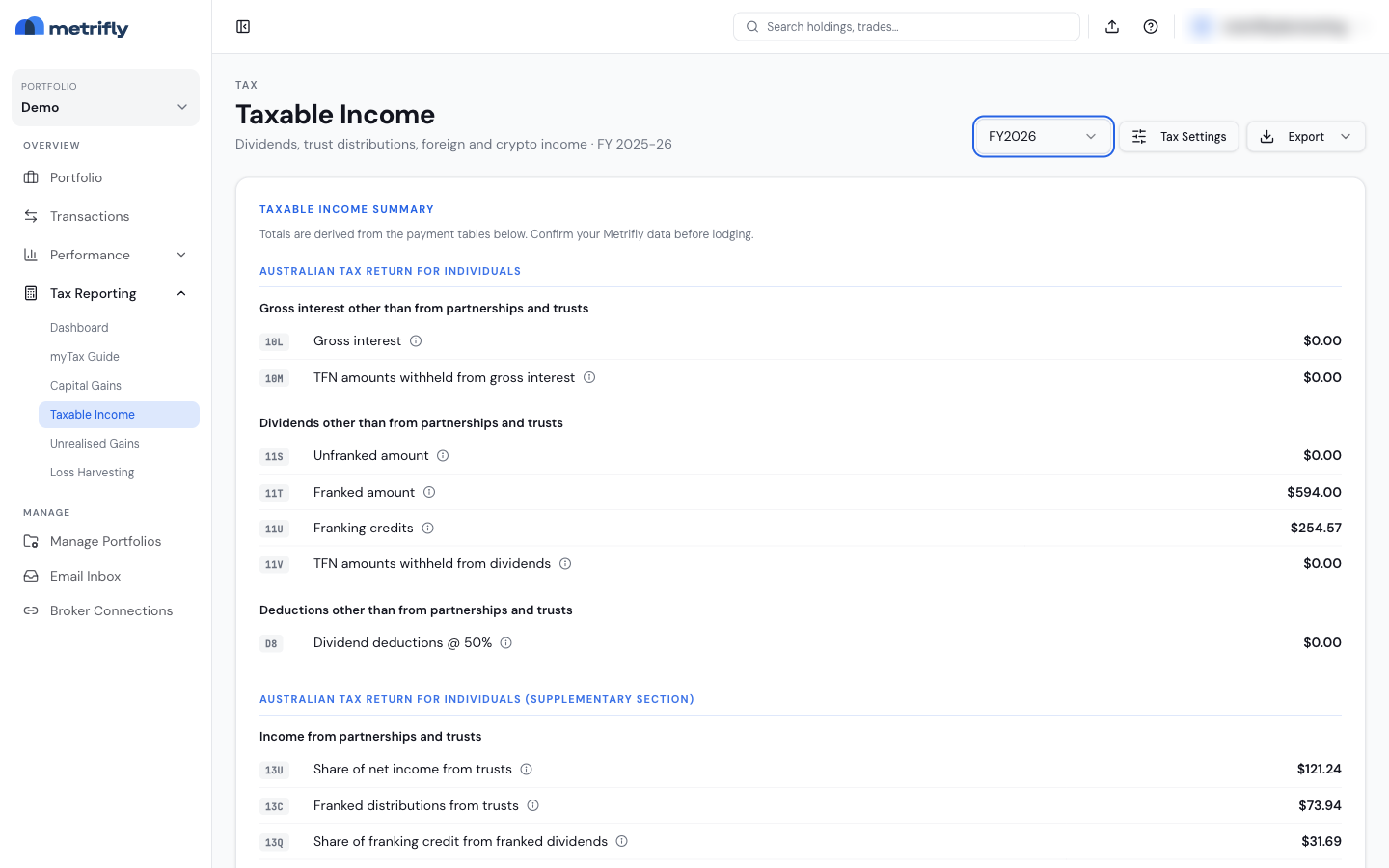 Taxable income report with the income summary and tables